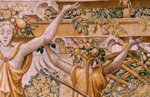Flandrischer Wandteppich. Serie Vertumnus und Pomona. Nr. II Vertumnus verwandelt sich in einen Bauern. Modelle aus dem Kreis von Pieter Coecke Van Aelst und Léonard Thiry. Atelier unbekannt, Brüssel. von Flemish School