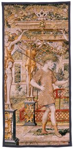 Flämischer Wandteppich. Serie Vertumnus und Pomona. Nr. II Vertumnus verwandelt sich in einen Bauern. Modelle Kreis von Pieter Coecke Van Aelst und Léonard Thiry. Atelier unbekannt, Brüssel. Gold, Seide und Wolle. von Flemish School