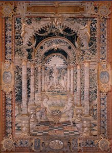 Flämischer Wandteppich. Serie Vertumnus und Pomona. Siebter Wandteppich der Serie; Vertumnus verwandelt sich in einen Fischer (zentraler Teil). Modelle Kreis von Pieter Coecke Van Aelst und Léonard Thiry. Herstellung Unbekannte Werkstatt, Brüssel. Vor 1550
