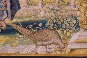Flämischer Wandteppich. Serie Vertumnus und Pomona: Vertumnus verwandelt in einen Bauern. Atelier Willem de Pannemaker. Ca. 1545-1550. (Detail)
