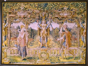 Flämischer Wandteppich. Serie Vertumnus und Pomona: Vertumnus verwandelt sich in einen Bauern. Atelier Willem de Pannemaker. Ca. 1545-1550