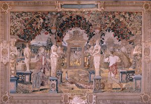 Flämische Tapisserie. Serie Vertumnus und Pomona. Vertumnus verwandelt sich in einen Erntearbeiter. Erster Wandteppich in der Serie. Modell Kreis von Pieter Coeck van Aelst. Herstellung Wilhelm Pannemaker, Brüssel. Ca 1545-1550. von Flemish School