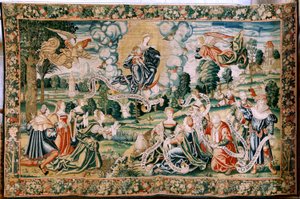 Flämische Tapisserie. Serie der Hagel. Ad te clamamus. Zweiter Wandteppich in der Serie. Herstellung Brüsseler Werkstätten, eine mögliche Herstellung durch Marc Crétif. Ca 1528. Größe 429 x 646 cm. Stoff Seide und Wolle. Standort Kathedrale von Palencia. U von Flemish School