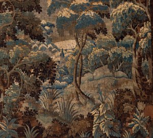 Flämischer Wandteppich. Verdure. Ende 17. - Anfang 18. Jahrhundert. Eigentum der Kirche Sint-Walburgakerk Oudenaarde.