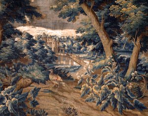 Flämischer Wandteppich. Verdure. Ende 17. Anfang 18. Jahrhundert. Eigentum der Kirche Sint-Walburgakerk Oudenaarde (Dekenij van de Sint-Walburga). Detail. von Flemish School