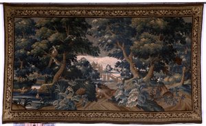 Flämischer Wandteppich. Verdure. Liebesszene. Oudenaarde. Ende 17. bis Anfang 18. Jahrhundert. Eigentum der Kirche Sint-Walburgakerk Oudenaarde (Dekenij van de Sint-Walburga). (Detail)