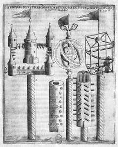 Wie man Feuerwerk zündet, Illustration aus Tratado de Artilleria von Diego Ufano, Brüssel, 1613