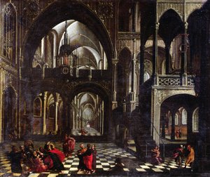 Innenraum einer Kirche, oder Jesus vertreibt die Händler aus dem Tempel von Flemish School