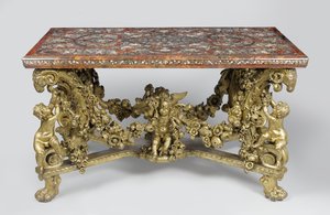 Marketerietisch auf geschnitztem und vergoldetem Lindenholzsockel, 1689 von Flemish School