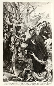 Michael Rogerius (1543-1607) und Matthaeus Riccius (1552-1610) kommen an der Küste Chinas an, Illustration aus einer Kirchengeschichte von P. Cornelius Hazart, veröffentlicht in Antwerpen, 1668 von Flemish School