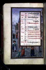 Ms 1058-1975 f12v Schnee in einer Straße, illuminierte Kalenderseite für Dezember, aus einem Stundenbuch, ca. 1500
