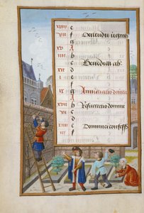 Ms 1058-1975 f3v Besitzer gibt seinen Gärtnern Anweisungen, illuminierte Kalenderseite für März, aus einem Stundenbuch, ca. 1500