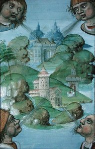 Ms Hunter 9 f.47v Vier Winde blasen an den Ecken einer von Meer umgebenen Landschaft, aus 
