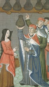 Frau mit Korb bringt Urinalis Magnus, aus De Medina Fen I. II, von Avicenna (980-1037) von Flemish School
