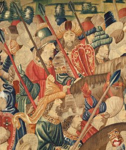 Pfarrmuseum der Wandteppiche. Flämischer Wandteppich. Eroberung von Tanger. Serie Eroberungen von König Alfons I. von Portugal. Tournai. Detail. Wolle von Flemish School