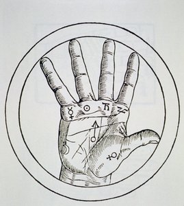 Position der Planeten auf der rechten Hand, Kopie einer Illustration aus De Occulta Philosophia Libri III, von Henricus Cornelius Agrippa, Antwerpen 1533, verwendet in einer Geschichte der Magie, veröffentlicht im späten 19. Jahrhundert