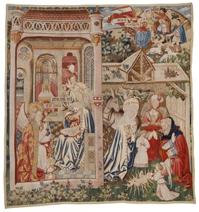 Wandteppich, der die Verkündigung und die Geburt Christi darstellt, Tournai (Wolle) von Flemish School