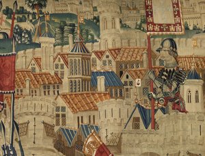 Wandteppich zeigt die Eroberungen von König Alfons V. von Portugal (Conquistas de Alfonso V de Portugal), Tournai. Detail