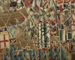 Wandteppich mit den Eroberungen von König Alfons V. von Portugal, Tournai. (Detail) von Flemish School