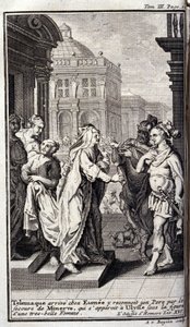 Telemach kommt im Haus von Eumaios an, erkennt seinen Vater mit Hilfe von Athene, die in der Gestalt einer schönen Frau erscheint. Illustration für Buch XVI der Odyssee von Homer, veröffentlicht in Amsterdam 1731, Privatsammlung Mailand von Flemish School