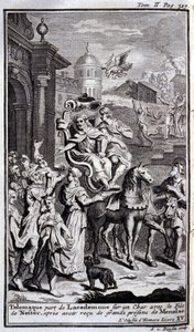 Telemach verlässt Lakedaimon auf einem Wagen mit Nestors Sohn nach Erhalt großer Geschenke von Menelaos. Illustration für Buch XV der Odyssee von Homer, veröffentlicht in Amsterdam 1731, Privatsammlung Mailand