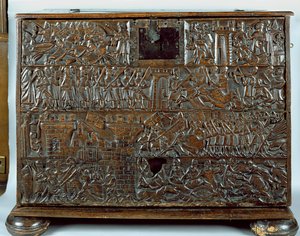 Die Courtrai-Truhe, die Szenen aus der Schlacht der Goldenen Sporen in Courtrai 1302 darstellt