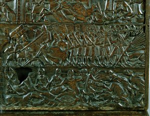Die Courtrai-Truhe, die die flämische Schlachtlinie während der Schlacht der Goldenen Sporen in Courtrai 1302 darstellt (Detail)
