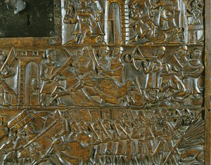 Die Courtrai-Truhe, die den Aufstand in Brügge am 18. Mai während der Schlacht der Goldenen Sporen in Courtrai 1302 darstellt (Detail) von Flemish School