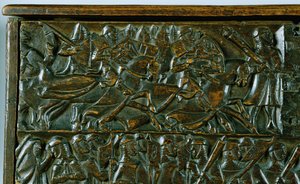 Die Courtrai-Truhe, die zwei Szenen aus der Schlacht der Goldenen Sporen in Courtrai 1302 darstellt (Detail)