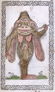 Der Zyklop, Illustration aus Omnium fere gentium nostraeque aetatis Nationum Habitus et Effigies von Jean Sluperji, Antwerpen, 1572 (Farbholzschnitt)