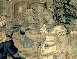 Die Töchter Jethros berichten ihrem Vater von ihrer Begegnung mit Moses (Detail) von Flemish School