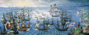 Das Auslaufen der englischen Brandschiffe auf die spanische Flotte vor Calais mit Königin Elizabeth I. (1533-1603) zu Pferd am Ufer, in der Nacht des 7. August 1588, ca. 1605 von Flemish School
