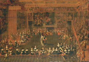 Die Eröffnung eines Balls in einem prunkvollen Versammlungssaal, um 1660-70