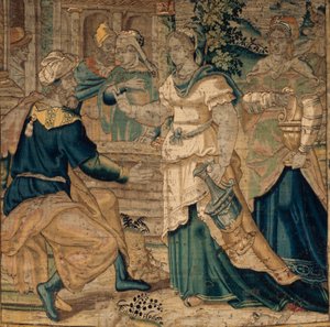 Die Universitätskollektionen. Jethros Töchter erzählen ihrem Vater von der Begegnung mit Moses. (Detail) Oudenaarde. Ca. 1550. von Flemish School