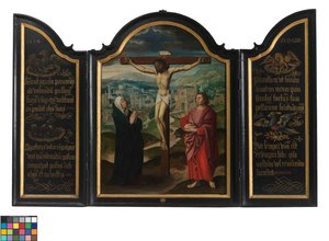 Triptychon mit Kreuzigung und Texten