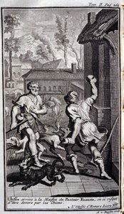 Odysseus kommt im Haus des Hirten Eumaios an oder wird möglicherweise von Hunden angegriffen. Illustration für Buch XIV der Odyssee von Homer, in der Odyssee, veröffentlicht in Amsterdam 1731, Privatsammlung Mailand. von Flemish School