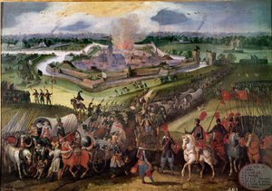 Krieg gegen die Niederlande: Blick auf die Stadt Ardres: Erzherzog Albrecht von Österreich eroberte die Stadt 1596. Gemälde der flämischen Schule des 17. Jahrhunderts. Real Monasterio de El Escorial, El Escorial, Spanien