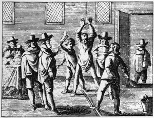 Zaubererpeitschen durch Kinder - Gravur von 1725 in „Die entlarvte Hexerei“ (