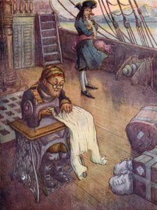 Smee, der Bootsmann bei der Arbeit an seiner Nähmaschine