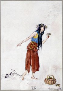 Mädchen im Schnee mit Erdbeere, „Mein Märchenland“ von Fiona Malcom, Illustration von Florence Anderson von Florence Anderson
