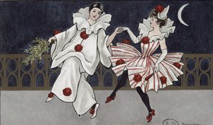 Postkarte mit Pierrot und seinem Begleiter, ca. 1900 von Florence Hardy
