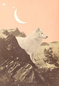 Riesiger Wolf in rosa Bergen, 2021 (Collage)