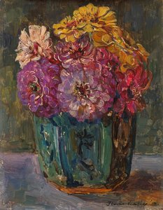 Stillleben mit Zinnien in einem grünen Krug von Floris Verster