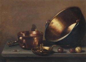 Stillleben mit Kupfertöpfen, Utensilien und Pflaumen auf einem Steinsims von Floris van Schooten