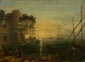 Hafen bei Sonnenuntergang von Follower of Claude Lorrain