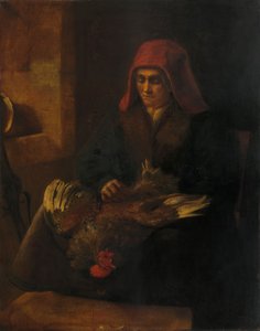 Alte Frau rupft ein Huhn