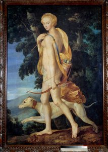 Die Göttin bewaffnet mit einem Bogen wird von einem Hund begleitet