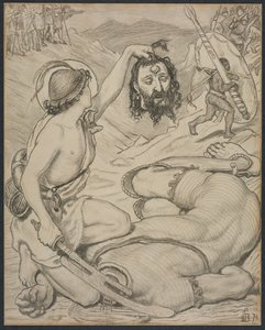 David und Goliath, Karton für Glasfenster im Jesus College, Cambridge, 1872 von Ford Madox Brown