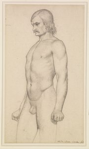 Männlicher Akt - Akademische Studie, Dreiviertelakt mit Schnurrbart und geballten Fäusten von Ford Madox Brown