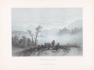 Hirten mit Kühen und Schafen in einem nebligen Tal von Fortuné Ferogio